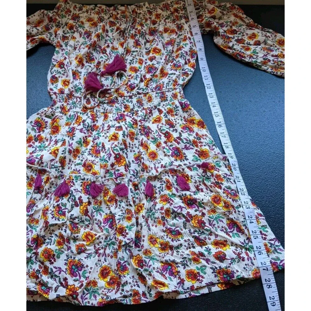 Raga Mini Tunic Dress Floral Tassel Shirred Bohemian Off Shoulder Size Small - Picture 6 of 11